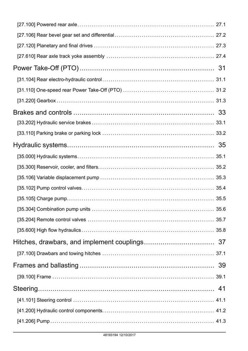 May include: A detailed table of contents from a technical manual, listing various mechanical systems and components. Sections include rear axle, power take-off, brakes, hydraulic systems, hitches, frames, and steering.