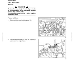 May include: A technical manual page titled SECTION 10 - ENGINE - CHAPTER 4 OVERHAUL, detailing fuel injector removal. It includes a warning, numbered steps, and two black and white line drawings showing engine components and numbered parts.