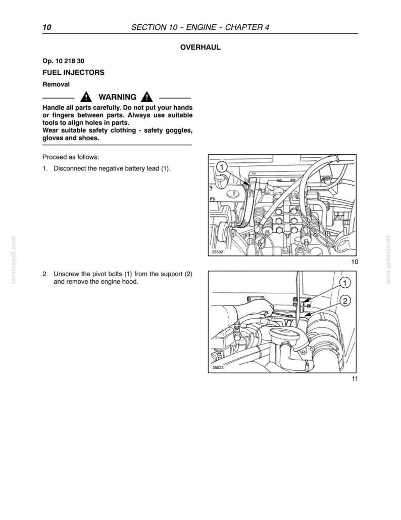 May include: A technical manual page titled SECTION 10 - ENGINE - CHAPTER 4 OVERHAUL, detailing fuel injector removal. It includes a warning, numbered steps, and two black and white line drawings showing engine components and numbered parts.