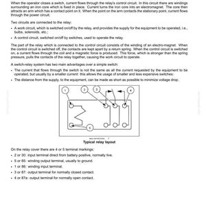 May include: Diagram of an electrical relay with labels and a typical relay layout. The text describes the relay's function and components, including terminals and circuits. The image is a technical illustration for electrical systems.