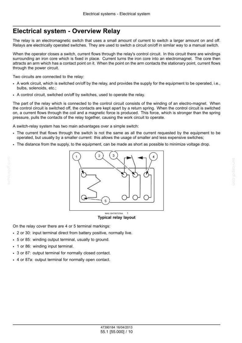 May include: Diagram of an electrical relay with labels and a typical relay layout. The text describes the relay's function and components, including terminals and circuits. The image is a technical illustration for electrical systems.