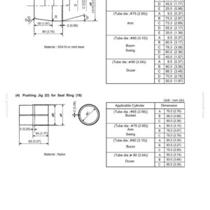 May include: Technical diagrams of attachments for seal rings, including sliding jigs and pushing jigs. Dimensions are provided in both millimeters and inches, with detailed measurements for various components like buckets, arms, and dozers.