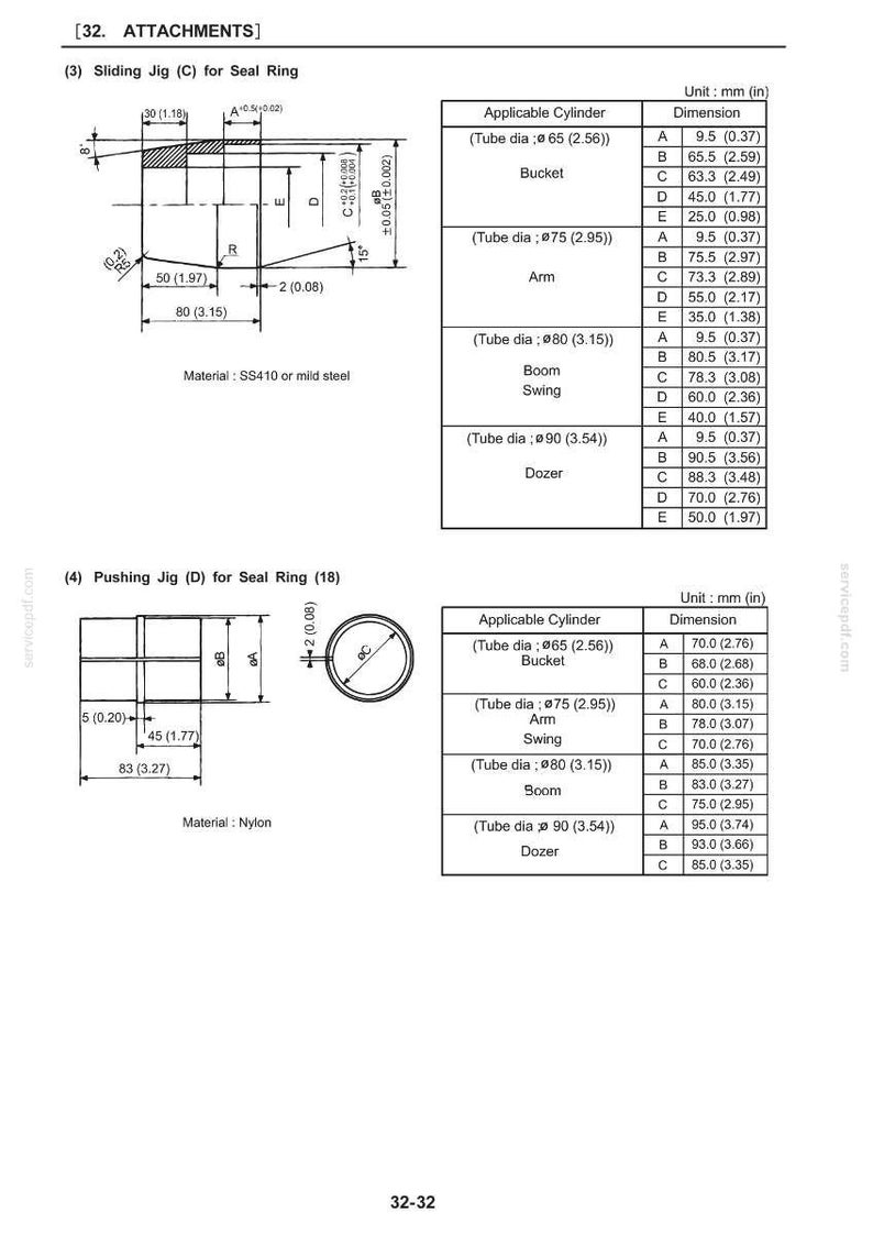 May include: Technical diagrams of attachments for seal rings, including sliding jigs and pushing jigs. Dimensions are provided in both millimeters and inches, with detailed measurements for various components like buckets, arms, and dozers.