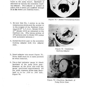 May include: Technical diagram with text and images detailing engine reassembly steps. Includes close-up views of dowel pin locating holes, bushing adapter installation, and pump drive gear backlash measurement. Text includes instructions and measurements in inches.