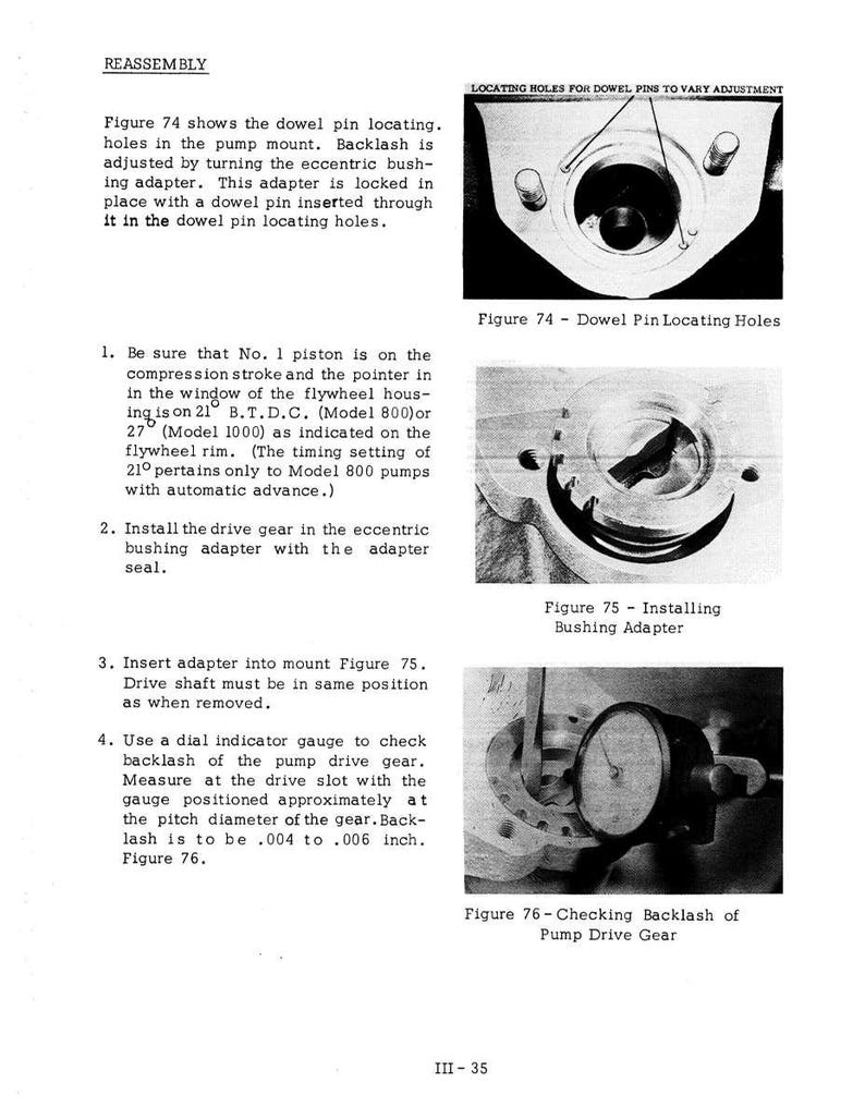 May include: Technical diagram with text and images detailing engine reassembly steps. Includes close-up views of dowel pin locating holes, bushing adapter installation, and pump drive gear backlash measurement. Text includes instructions and measurements in inches.
