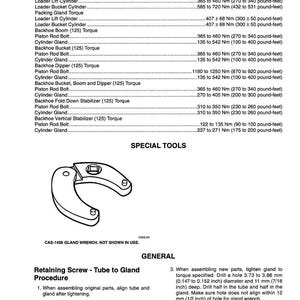 May include: A technical document with specifications for various components, including torque values in pound-feet and Newton-meters. It also features a diagram of a CAS-1456 gland wrench and instructions for retaining screw procedures.