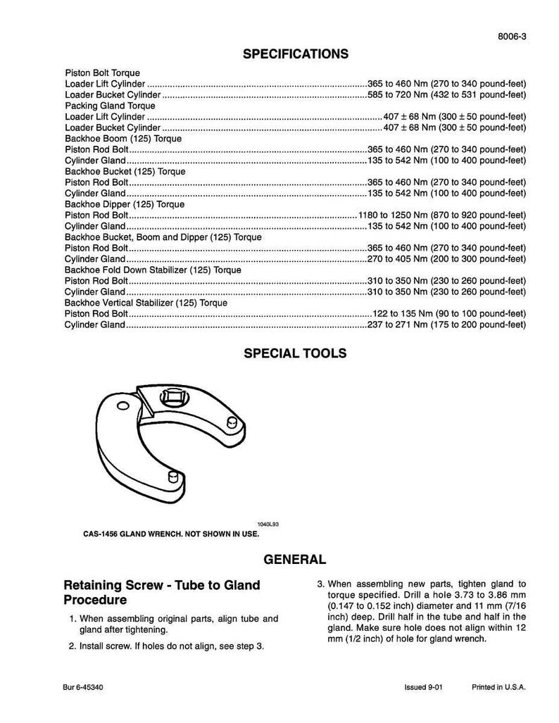 May include: A technical document with specifications for various components, including torque values in pound-feet and Newton-meters. It also features a diagram of a CAS-1456 gland wrench and instructions for retaining screw procedures.