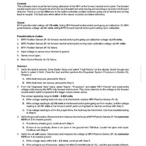 May include: A page from a manual detailing fault codes and troubleshooting steps for an electrical system. The text includes fault codes, context, causes, possible failure modes, and solutions for a MFH position sensor.
