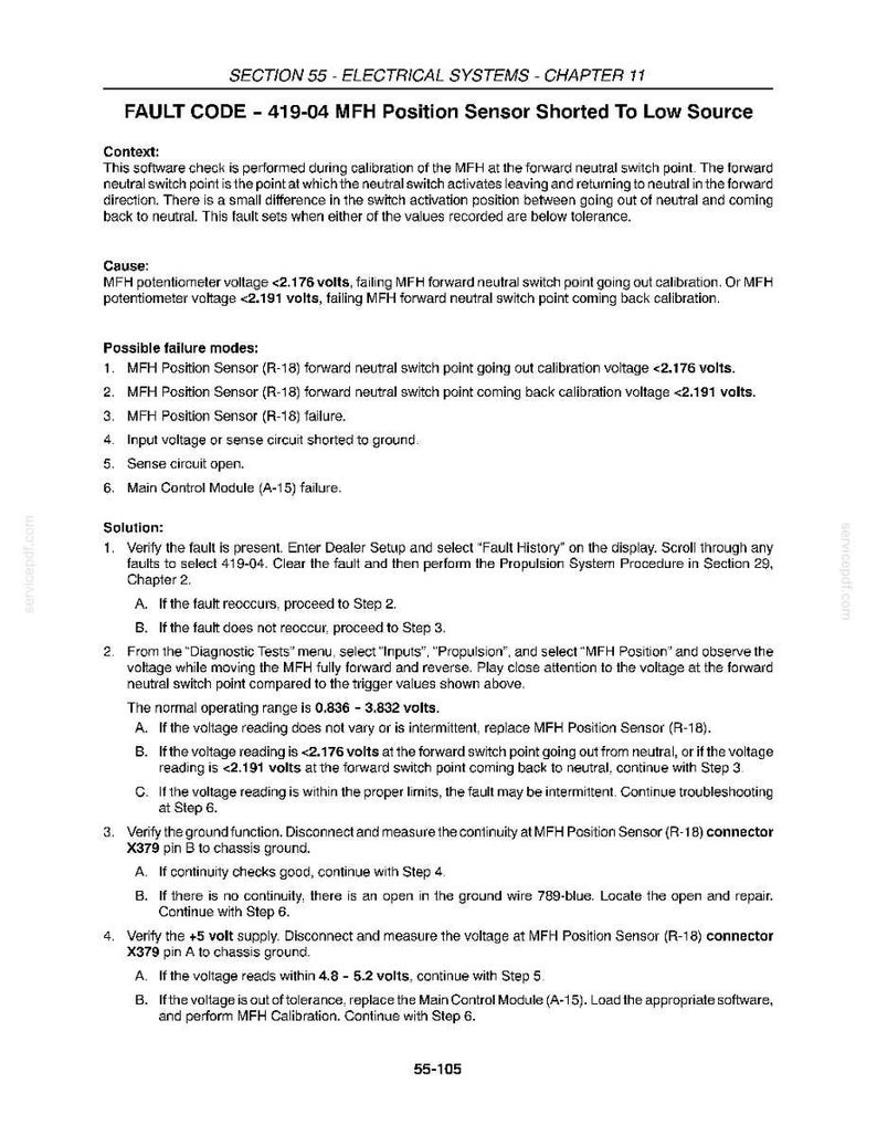 May include: A page from a manual detailing fault codes and troubleshooting steps for an electrical system. The text includes fault codes, context, causes, possible failure modes, and solutions for a MFH position sensor.
