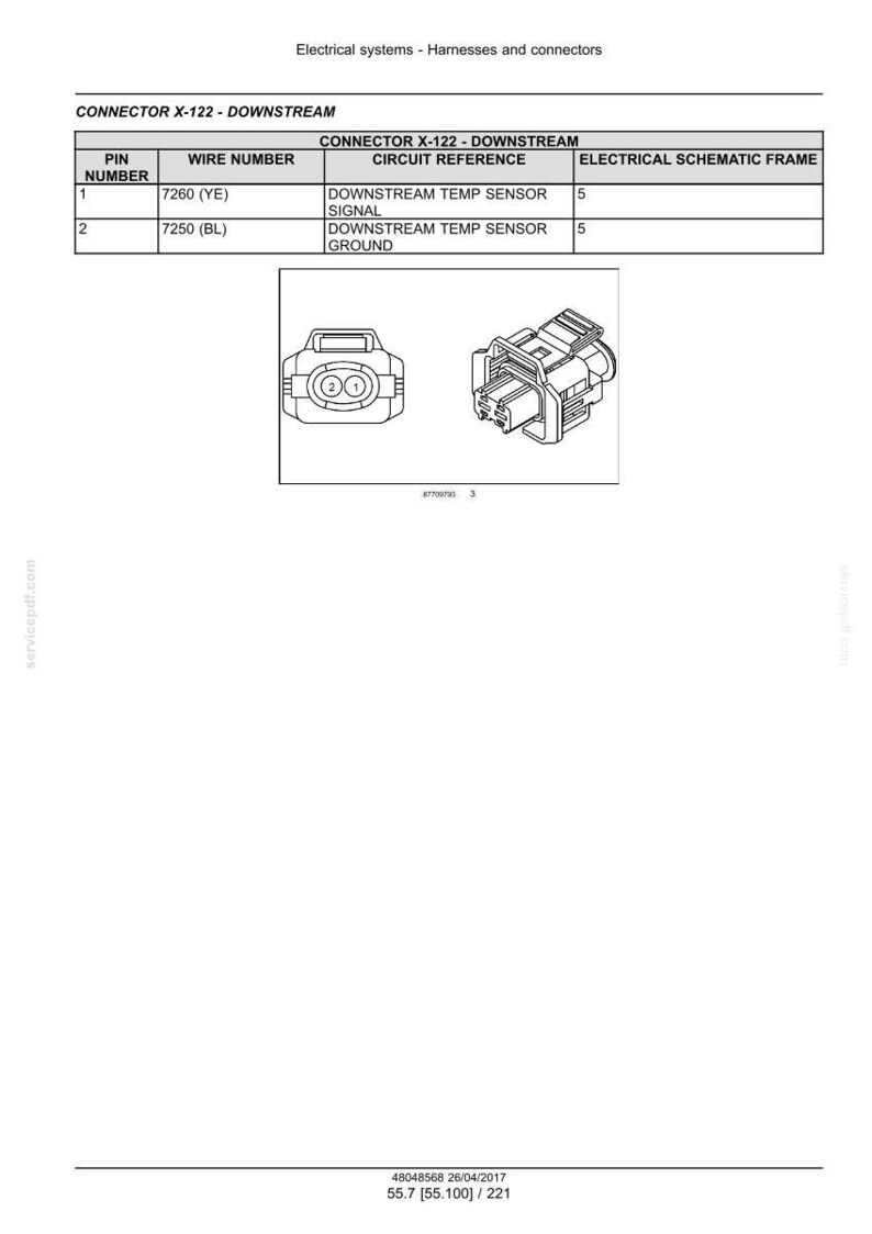 May include: Diagram of a connector labeled "CONNECTOR X-122 - DOWNSTREAM" with pin numbers, wire numbers, circuit references, and electrical schematic frame details. Includes two illustrations of the connector.