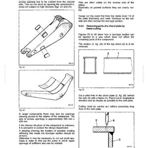 May include: Technical diagram from a repair welding techniques manual. The image includes illustrations of box-type sections, chord plates, and flame-cutting procedures. Text explains opening sections and removing parts. Measurements are in millimeters.
