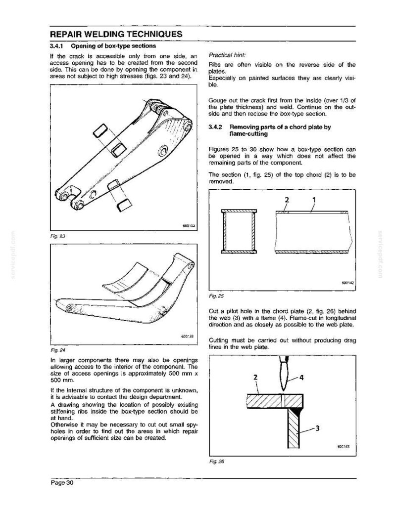May include: Technical diagram from a repair welding techniques manual. The image includes illustrations of box-type sections, chord plates, and flame-cutting procedures. Text explains opening sections and removing parts. Measurements are in millimeters.