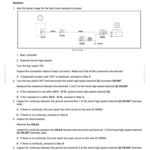 May include: Diagram of an electrical system fault code, detailing the 7201 travel high-speed solenoid signal abnormality. Includes a schematic with numbered components and troubleshooting steps, with measurements in Ohms.