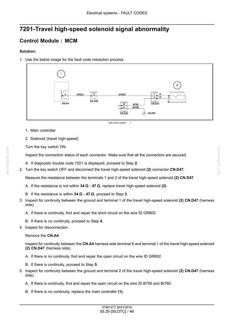 May include: Diagram of an electrical system fault code, detailing the 7201 travel high-speed solenoid signal abnormality. Includes a schematic with numbered components and troubleshooting steps, with measurements in Ohms.