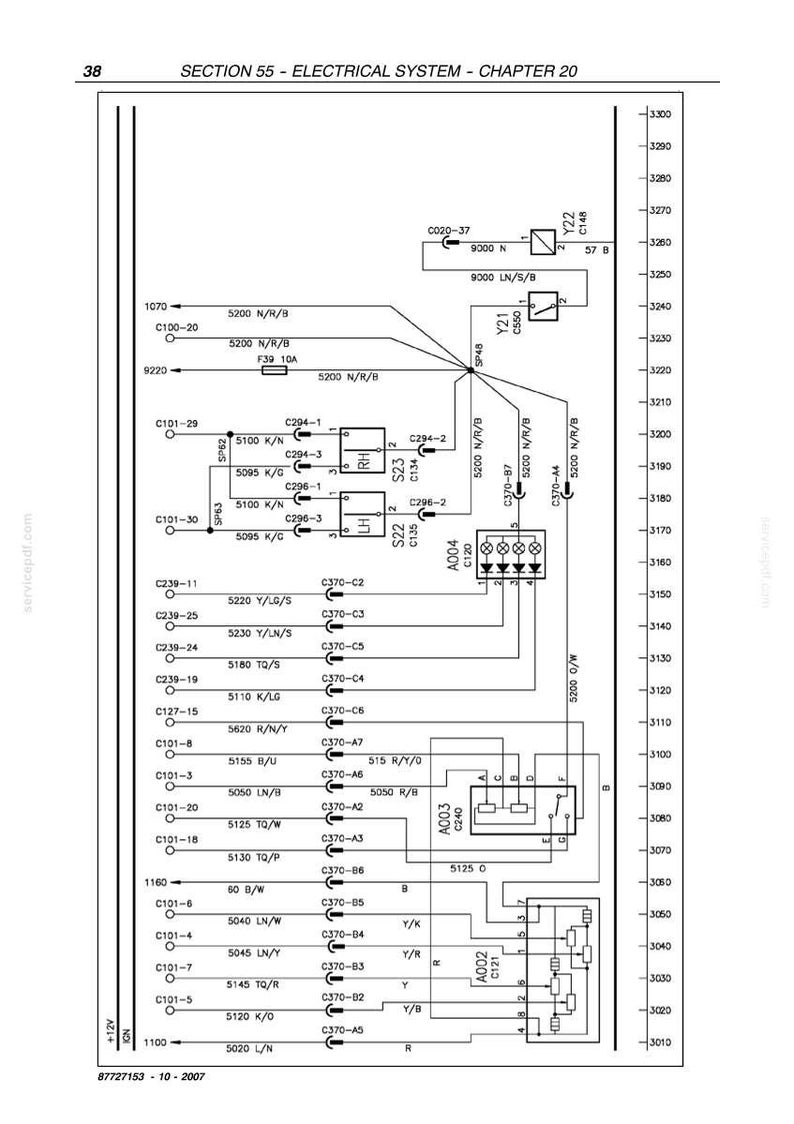 May include: Diagram of an electrical system, with numerous lines, circles, and text labels. The diagram includes labels such as "SECTION 55 - ELECTRICAL SYSTEM - CHAPTER 20" and "5200 N/R/B". The diagram is a technical illustration.