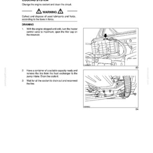 May include: Diagram of a car's cooling system with instructions for draining coolant. The text includes warnings about handling fluids and steps for the process. Includes close-up illustrations of engine components.