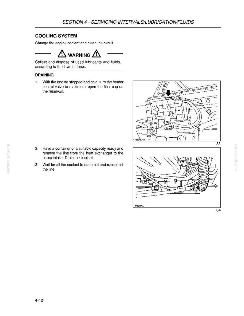 May include: Diagram of a car's cooling system with instructions for draining coolant. The text includes warnings about handling fluids and steps for the process. Includes close-up illustrations of engine components.