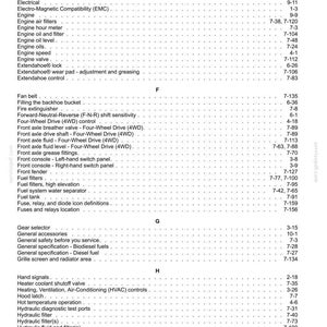 May include: A detailed page from a manual, featuring a table of contents with various engine and hydraulic system components. The text is black on a white background, with page numbers and section titles.