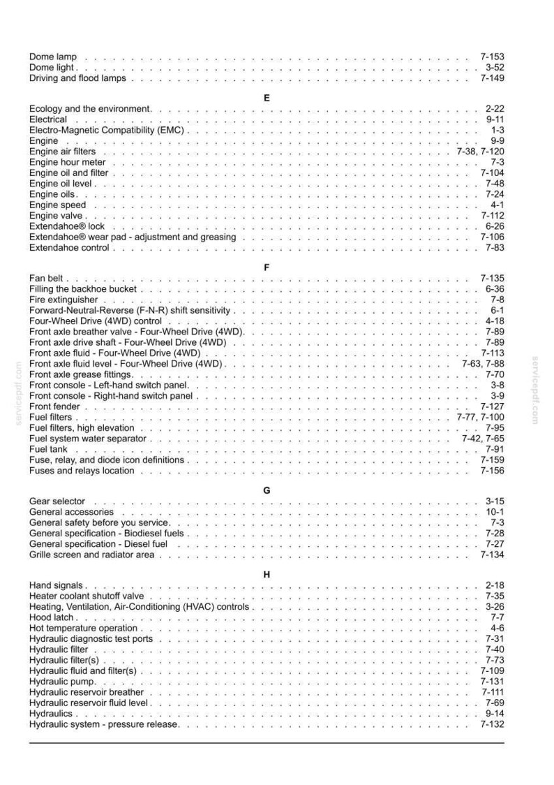 May include: A detailed page from a manual, featuring a table of contents with various engine and hydraulic system components. The text is black on a white background, with page numbers and section titles.