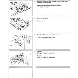 May include: A page from a repair manual with diagrams and text in English and German. The title is "Sealing of the control piston cover" and "Repair Instructions A4VG". The diagrams show steps for disassembling and inspecting mechanical components.
