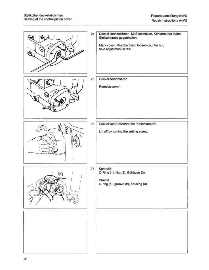 May include: A page from a repair manual with diagrams and text in English and German. The title is "Sealing of the control piston cover" and "Repair Instructions A4VG". The diagrams show steps for disassembling and inspecting mechanical components.