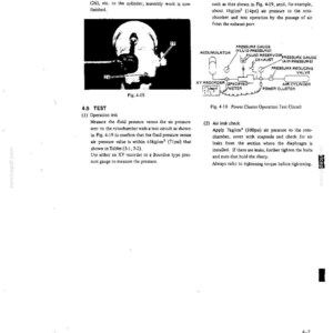 May include: A technical manual page featuring Fig. 4-18 showing a cylinder assembly and Fig. 4-19 illustrating a power cluster operation test circuit. The text provides instructions for testing fluid pressure versus 14psi air pressure.