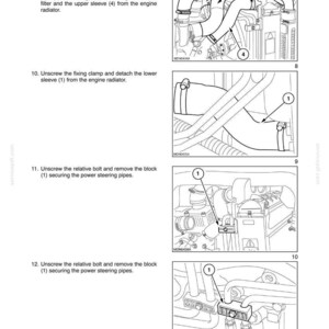 May include: A technical manual page titled SECTION 10 - ENGINE - CHAPTER 2, featuring four black and white line drawings of engine components. The diagrams illustrate steps for disconnecting pipes, sleeves, and power steering blocks with numbered labels.