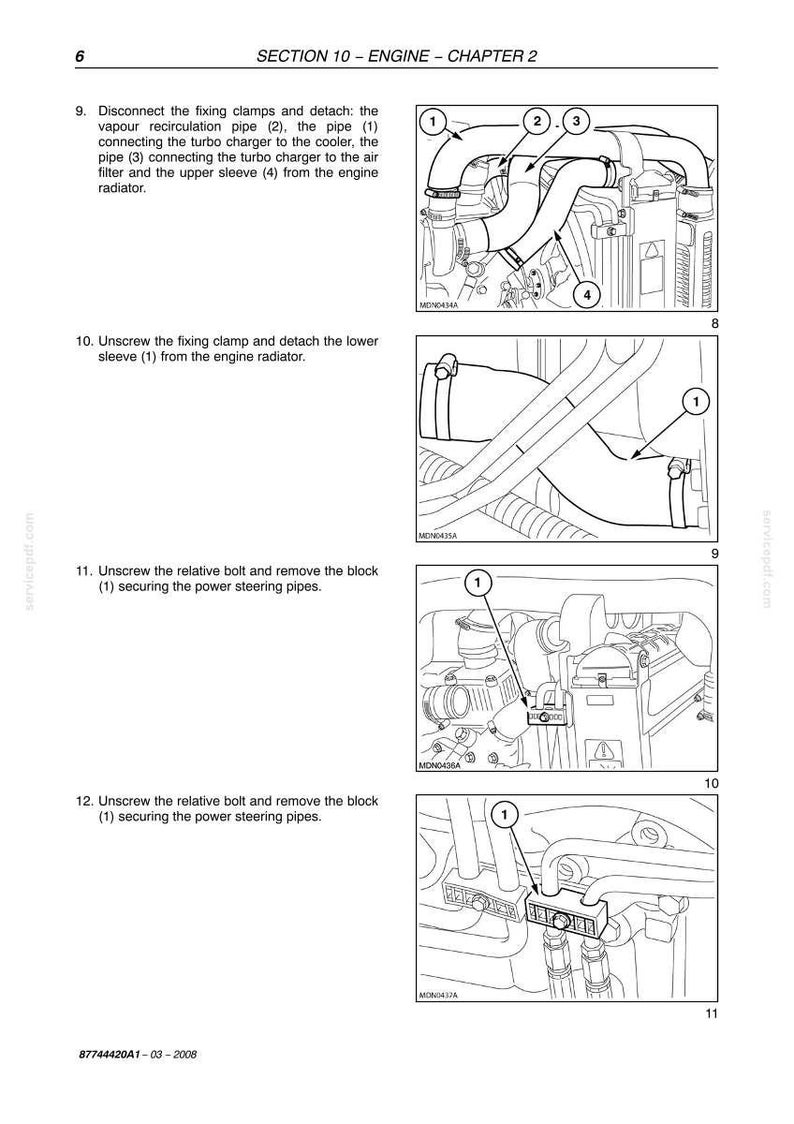 May include: A technical manual page titled SECTION 10 - ENGINE - CHAPTER 2, featuring four black and white line drawings of engine components. The diagrams illustrate steps for disconnecting pipes, sleeves, and power steering blocks with numbered labels.