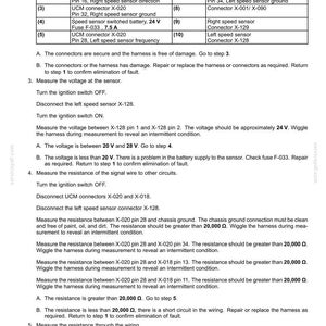 May include: Diagram of electrical system fault codes, including connector and pin details. Text includes instructions for troubleshooting, measuring voltage, and resistance. The document also lists the schematic legend and fuse information.