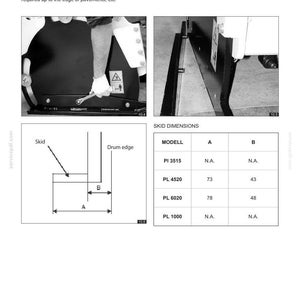 May include: Black and white image of a removable skid for a cold planer. The image includes diagrams with dimensions in centimeters and a table showing model numbers and measurements.