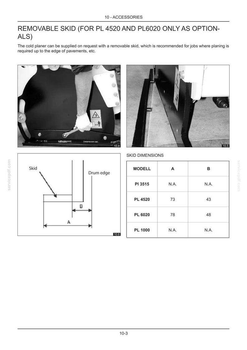 May include: Black and white image of a removable skid for a cold planer. The image includes diagrams with dimensions in centimeters and a table showing model numbers and measurements.