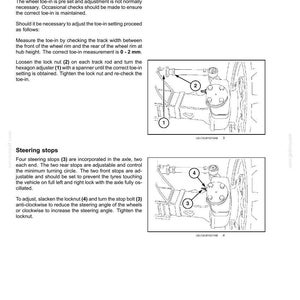 May include: A technical manual page titled 7-MAINTENANCE detailing wheel toe-in and steering stops. It includes black and white line drawings of vehicle axle components labelled with numbers 1, 2, 3, and 4, with instructions for adjustment.