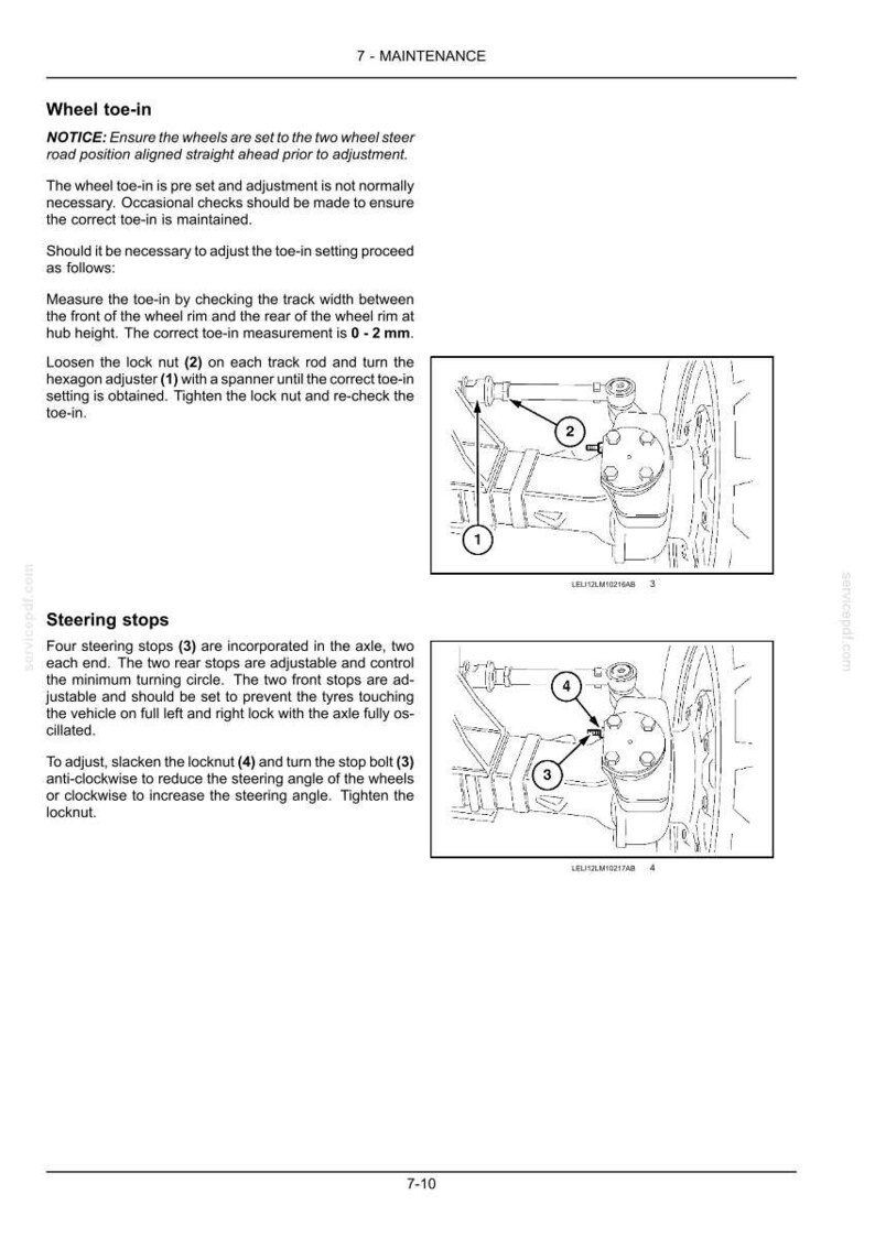 May include: A technical manual page titled 7-MAINTENANCE detailing wheel toe-in and steering stops. It includes black and white line drawings of vehicle axle components labelled with numbers 1, 2, 3, and 4, with instructions for adjustment.