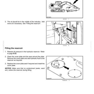 Op de afbeelding: Diagram met onderhoudsinstructies voor een machine. Bevat illustraties van de machine, de oliepeilindicator en instructies voor het vullen van het reservoir. De tekst beschrijft de stappen voor het controleren en vullen van het reservoir.