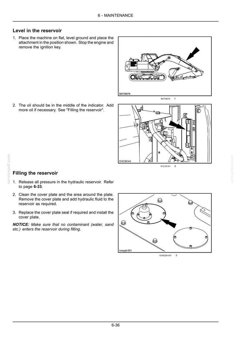 Op de afbeelding: Diagram met onderhoudsinstructies voor een machine. Bevat illustraties van de machine, de oliepeilindicator en instructies voor het vullen van het reservoir. De tekst beschrijft de stappen voor het controleren en vullen van het reservoir.