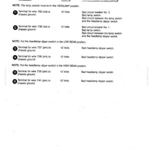 May include: A printed page with the title "Headlamp Dipper Switch Voltage Test." The document lists test points, readings, and possible causes of bad readings for a vehicle's headlamp system. Text includes "12 Volts" and "Bad headlamp dipper switch."