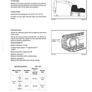 May include: A technical document page titled Section 1 - Safety and General Information, Chapter 4 - Maintenance Standards and Test Procedures. It includes diagrams of an excavator and a crawler track with a reflection panel, plus a sprocket revolution table.