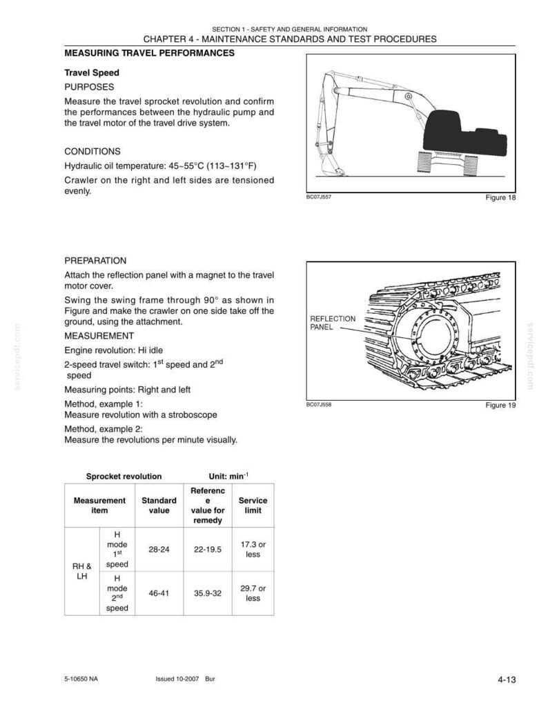 May include: A technical document page titled Section 1 - Safety and General Information, Chapter 4 - Maintenance Standards and Test Procedures. It includes diagrams of an excavator and a crawler track with a reflection panel, plus a sprocket revolution table.