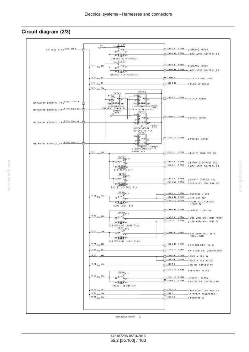 May include: A detailed circuit diagram for electrical systems, featuring harnesses and connectors. The diagram includes labels for various components like relays, motors, and controllers, with text such as "Battery", "Grease Motor", and "Air Con Unit".