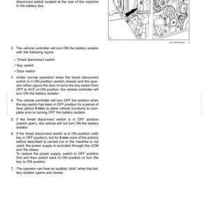 May include: A technical manual page titled 3 - CONTROLS AND INSTRUMENTS detailing the Battery isolator function. It includes numbered operational instructions and a black and white line drawing showing the component location with an arrow indicator.