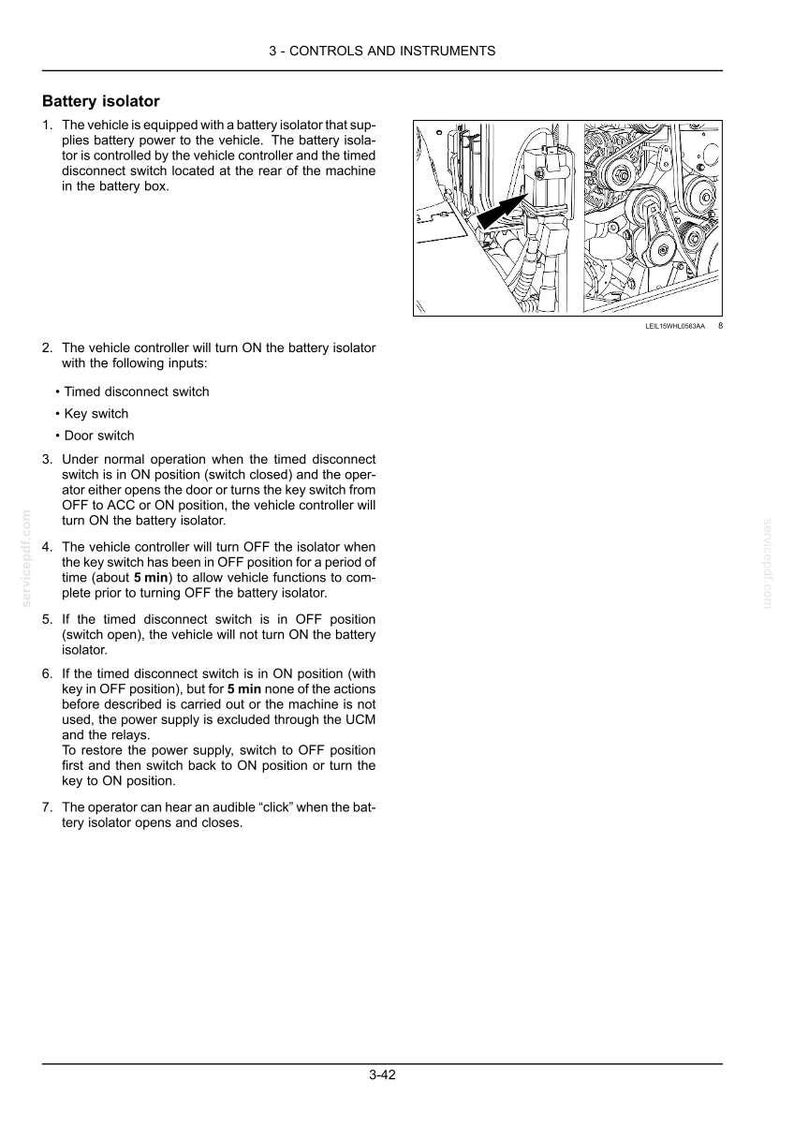 May include: A technical manual page titled 3 - CONTROLS AND INSTRUMENTS detailing the Battery isolator function. It includes numbered operational instructions and a black and white line drawing showing the component location with an arrow indicator.