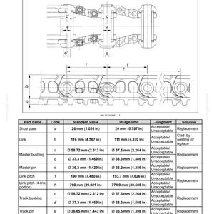 May include: Technical diagram of a track chain and track shoe, with measurements in inches. Includes a table detailing part names, standard values, and usage limits for components like the shoe plate, link, and master bushing.