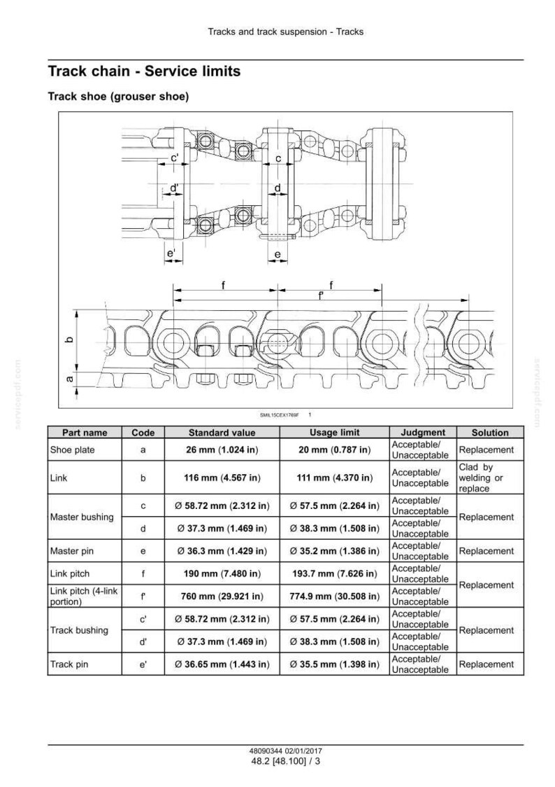 May include: Technical diagram of a track chain and track shoe, with measurements in inches. Includes a table detailing part names, standard values, and usage limits for components like the shoe plate, link, and master bushing.