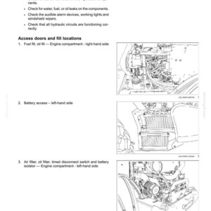May include: A technical maintenance manual page titled 7-MAINTENANCE, featuring text instructions for engine startup and access doors. It includes three black and white line drawings showing engine compartments, battery access, and filter locations.
