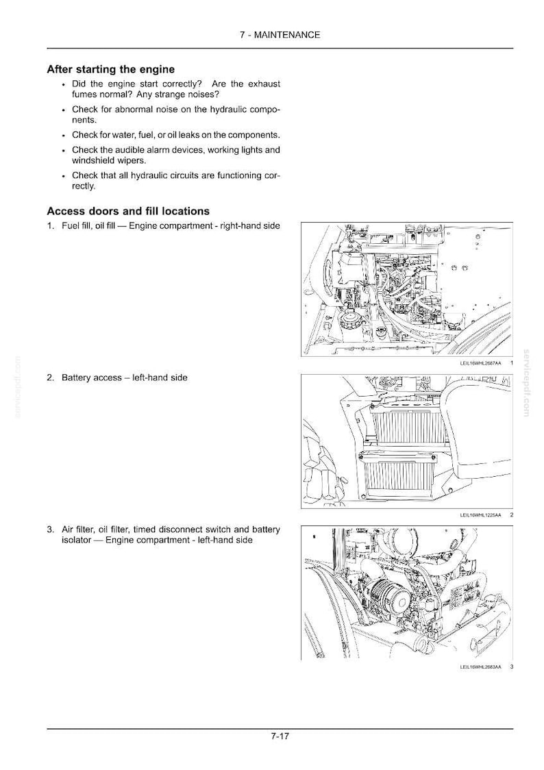 May include: A technical maintenance manual page titled 7-MAINTENANCE, featuring text instructions for engine startup and access doors. It includes three black and white line drawings showing engine compartments, battery access, and filter locations.