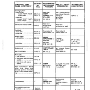 May include: A technical table titled SECTION 4 LUBRICANTS listing components to be filled or topped up, including cooling system, fuel tank, engine sump, brake circuit, front axle, rear transmission, grease fittings, and air conditioning system.