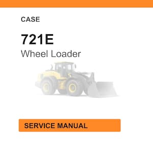 May include: Image of a CASE 721E Wheel Loader. The image includes the text "CASE" above the model number and "Wheel Loader" below. An orange rectangle at the bottom reads "SERVICE MANUAL". The wheel loader is yellow and gray.