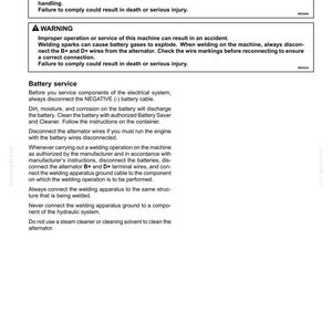 May include: A technical document page titled 7 - MAINTENANCE containing safety warnings regarding battery service, chemical hazards, and welding procedures. The text provides instructions on disconnecting alternator wires and battery cables to prevent accidents.