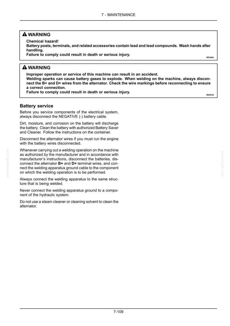 May include: A technical document page titled 7 - MAINTENANCE containing safety warnings regarding battery service, chemical hazards, and welding procedures. The text provides instructions on disconnecting alternator wires and battery cables to prevent accidents.