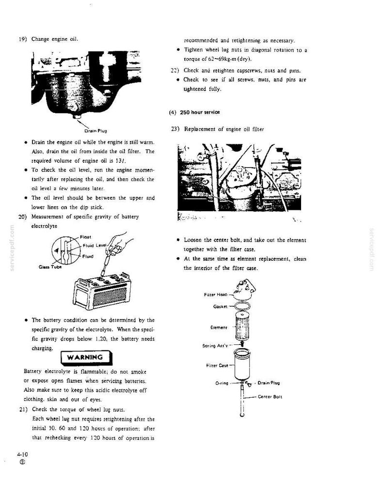 Pu&ograve; includere: Una pagina di manuale tecnico con diagrammi in bianco e nero per la manutenzione del motore, tra cui un tappo di scarico dell'olio, un test del peso specifico dell'elettrolito della batteria e una vista esplosa di un filtro olio.